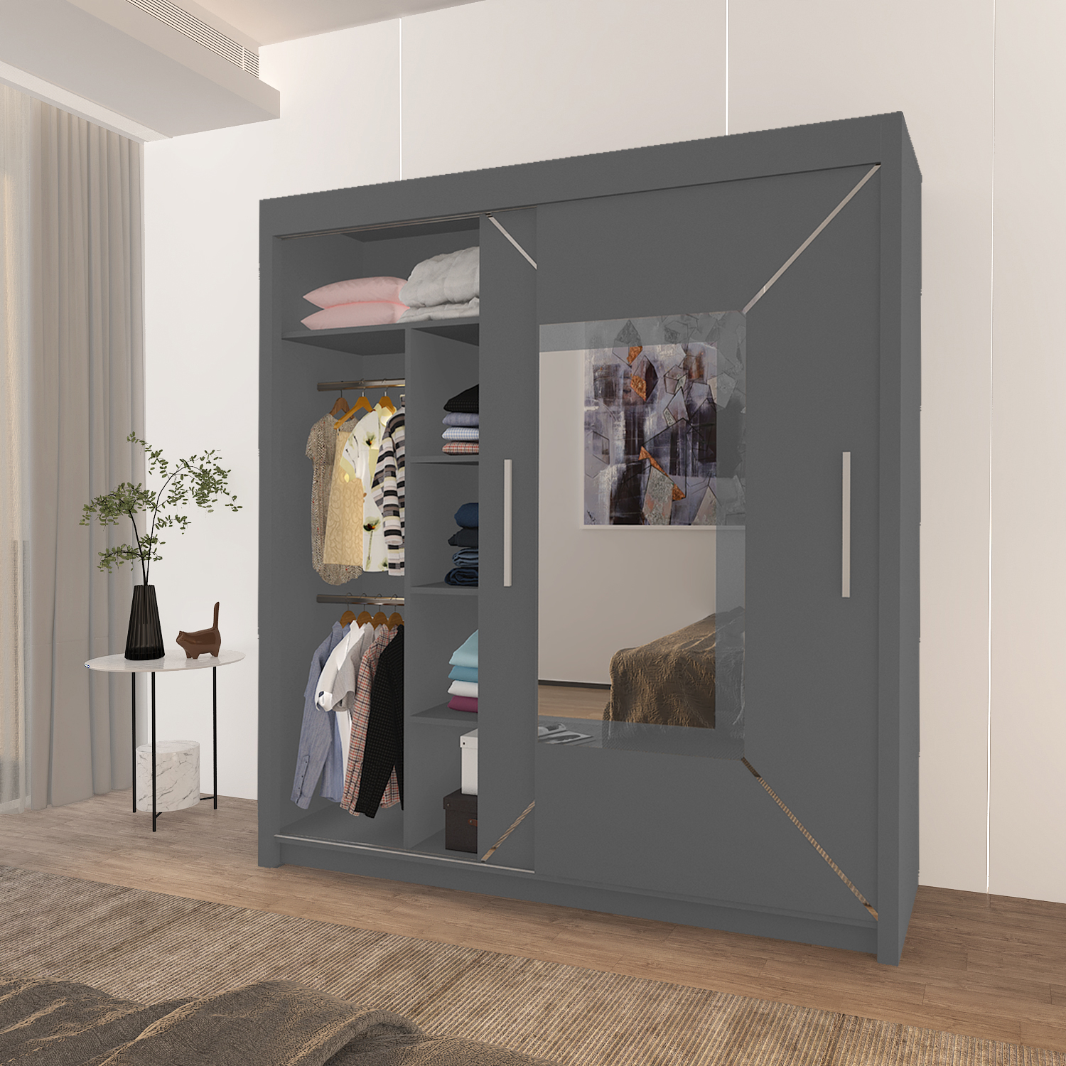 FLORENCE Mirror Sliding Door Wardrobe 150cm/180cm/203cm (4 Colours)