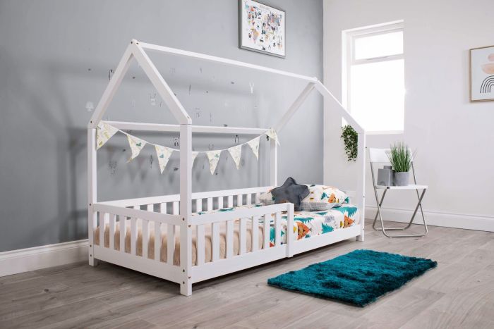 White Wooden Explorer Playhouse Bed With Rails
