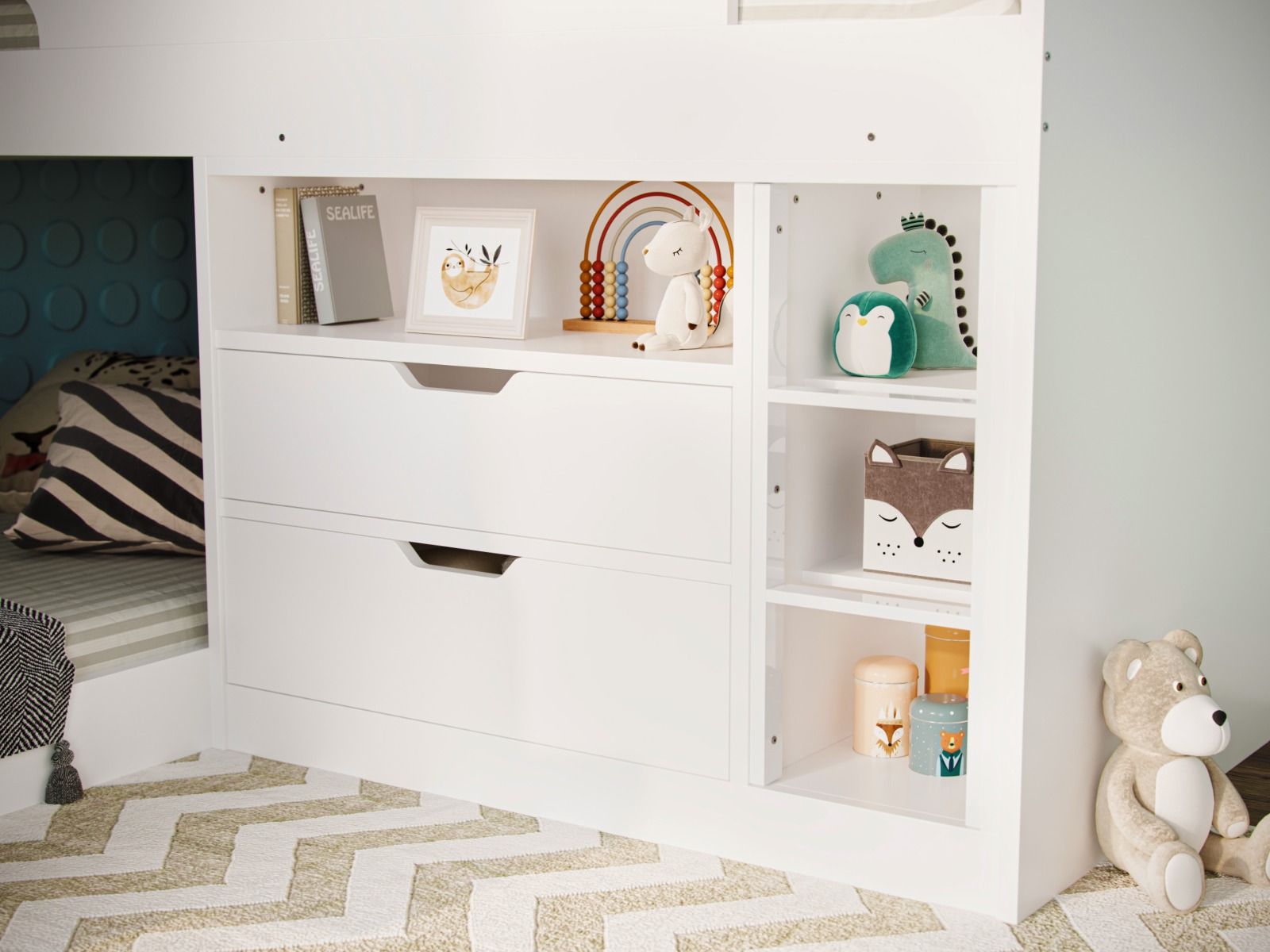 Darwen Oscar Staircase Triple Bunk Bed White With Storage