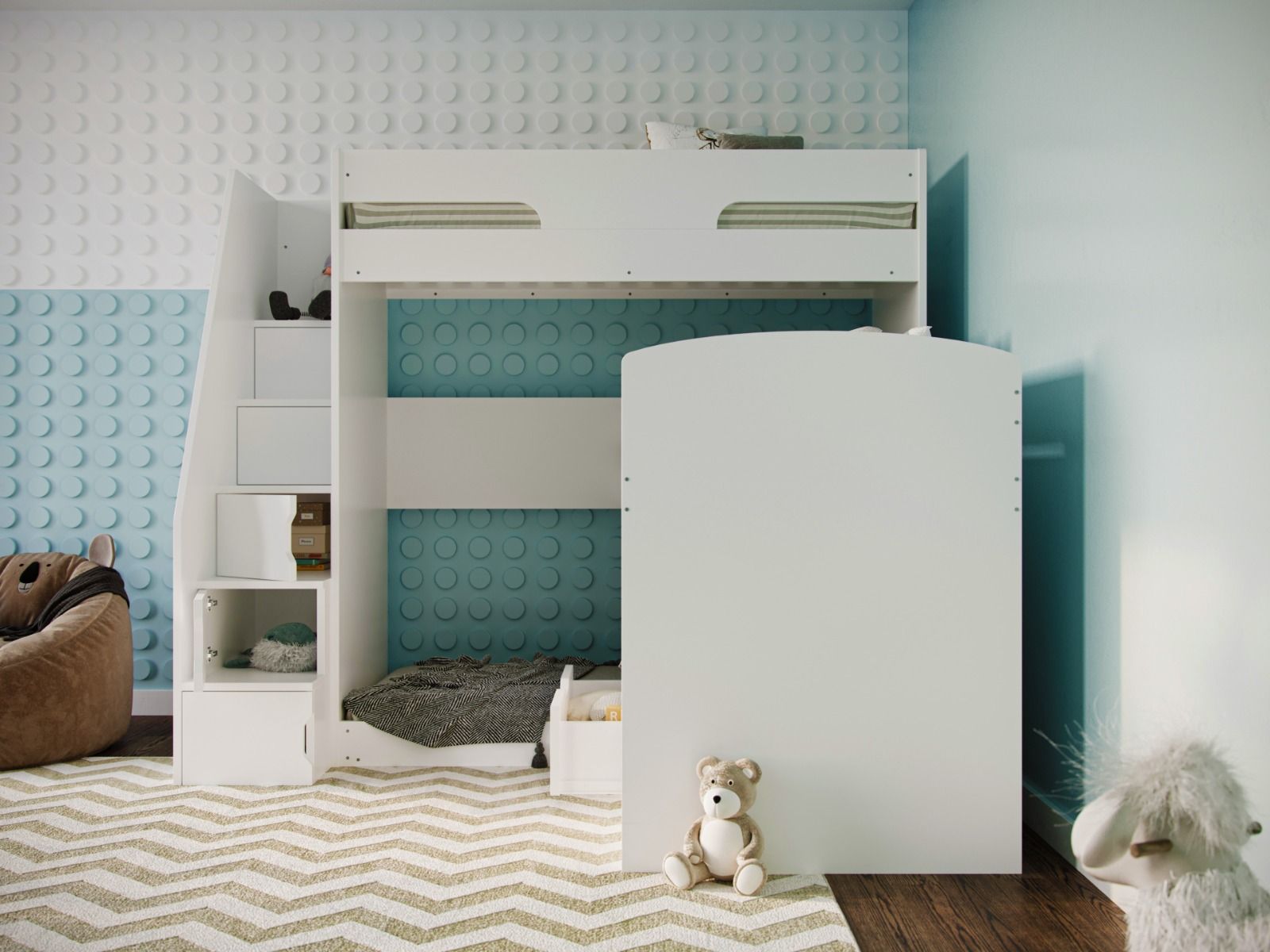 Darwen Oscar Staircase Triple Bunk Bed White With Storage