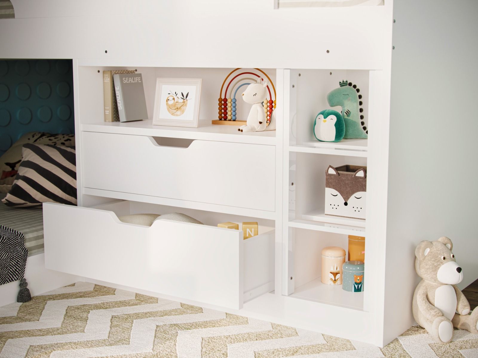 Darwen Oscar Staircase Triple Bunk Bed White With Storage